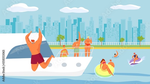 Yacht summer vacation at sea, vector illustration. Boat travel in ocean, people character in luxury relaxing trip. Cartoon fun tourism, happy man woman leisure and tropical sailing.