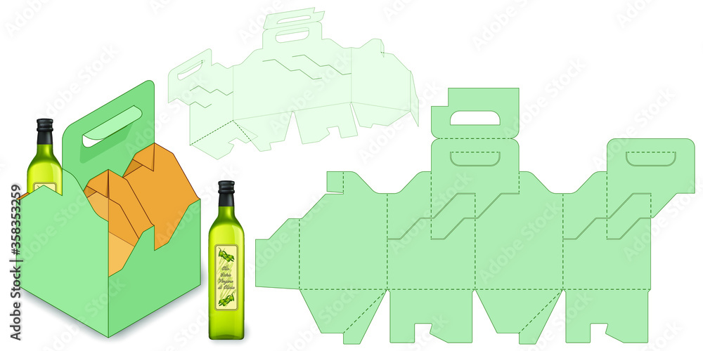 Bottle Carrier Box Die Cut Template, die-stamping layout pattern, folding, ready handle Carry package that offers both protection and convenience. Transportable Compartmentalized Container Blueprint