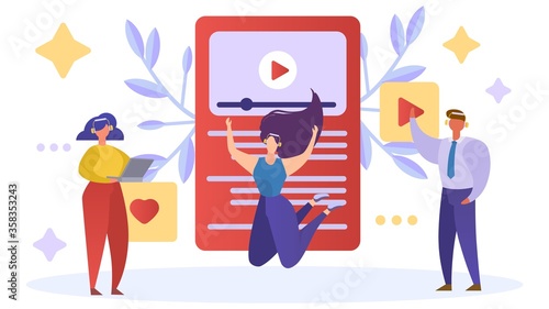 Person character with headphones concept, vector illustration. Listen music in phone, young happy woman with mobile sound. People near large smartphone audio app cartoon technology.