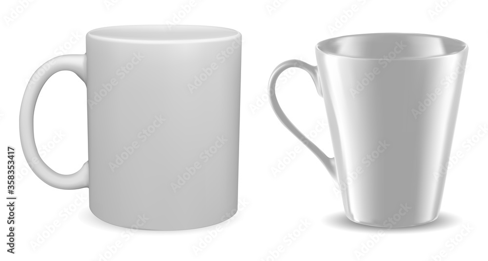 White mug mockup. Isolated vector coffee cup blank. 3d template of classic tea cup. Photorealistic porcelain packaging for corporate identity branding White mug mockup. Isolated vector coffee cup blank. 3d template of classic tea cup. Photorealistic porcelain packaging for corporate identity branding