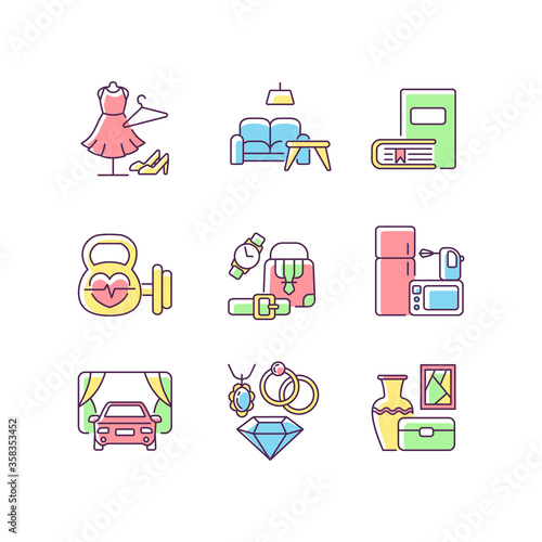 Fototapeta Naklejka Na Ścianę i Meble -  Shopping mall categories RGB color icons set. Online store products. Household appliance. Leather accessories. Drive in movie theater. Isolated vector illustrations