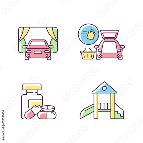 Shopping mall products and services RGB color icons set. Curbside pickup delivery. Drive in movie theater. Children play area. Isolated vector illustrations