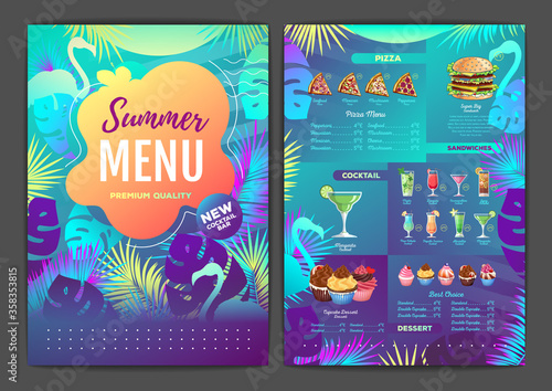 Restaurant summer tropical gradient menu design with fluorescent tropic leaves and flamingo. Fast food menu