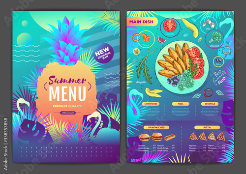 Restaurant summer tropical gradient menu design with fluorescent tropic leaves and flamingo. Fast food menu