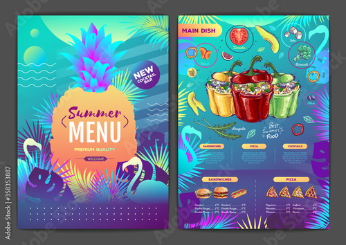 Restaurant summer tropical gradient menu design with fluorescent tropic leaves and flamingo. Fast food menu