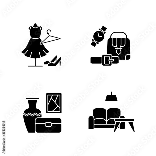 Shopping mall products black glyph icons set on white space. Online store categories. Female fashion boutique. Leather accessories. Home furniture. Silhouette symbols. Vector isolated illustration
