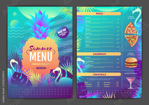 Restaurant summer tropical gradient menu design with fluorescent tropic leaves and flamingo. Fast food menu