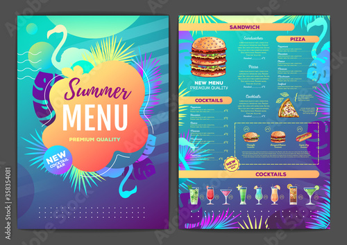 Restaurant summer tropical gradient menu design with fluorescent tropic leaves and flamingo. Fast food menu