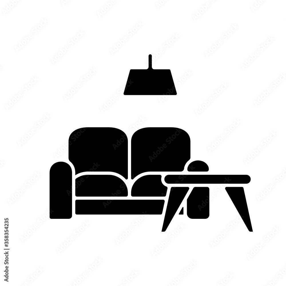 Furniture store black glyph icon. Modern furnished apartment. Home decor. Sofa and coffee table. Contemporary living room interior. Silhouette symbol on white space. Vector isolated illustration Furniture store black glyph icon. Modern furnished apartment. Home decor. Sofa and coffee table. Contemporary living room interior. Silhouette symbol on white space. Vector isolated illustration