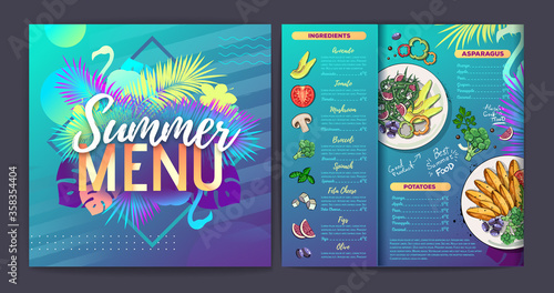 Restaurant summer tropical gradient menu design with fluorescent tropic leaves and flamingo. Fast food menu