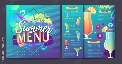 Restaurant summer tropical gradient cocktail menu design with fluorescent tropic leaves and flamingo.