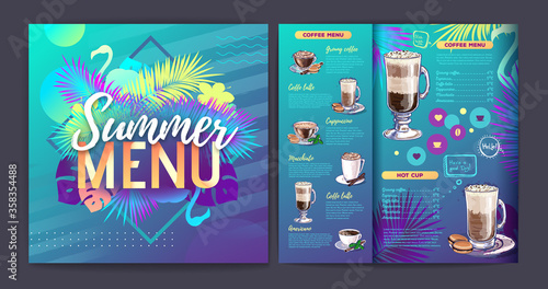 Restaurant summer tropical gradient coffee menu design with fluorescent tropic leaves and flamingo.