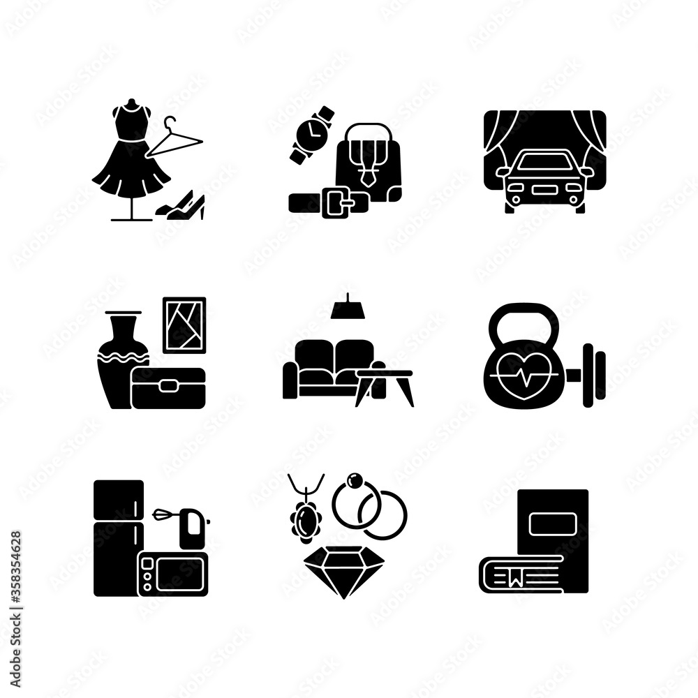 Shopping mall categories black glyph icons set on white space. Online store  products. Household appliance. Leather accessories. Drive in movie theater.  Silhouette symbols. Vector isolated illustration vector de Stock | Adobe  Stock