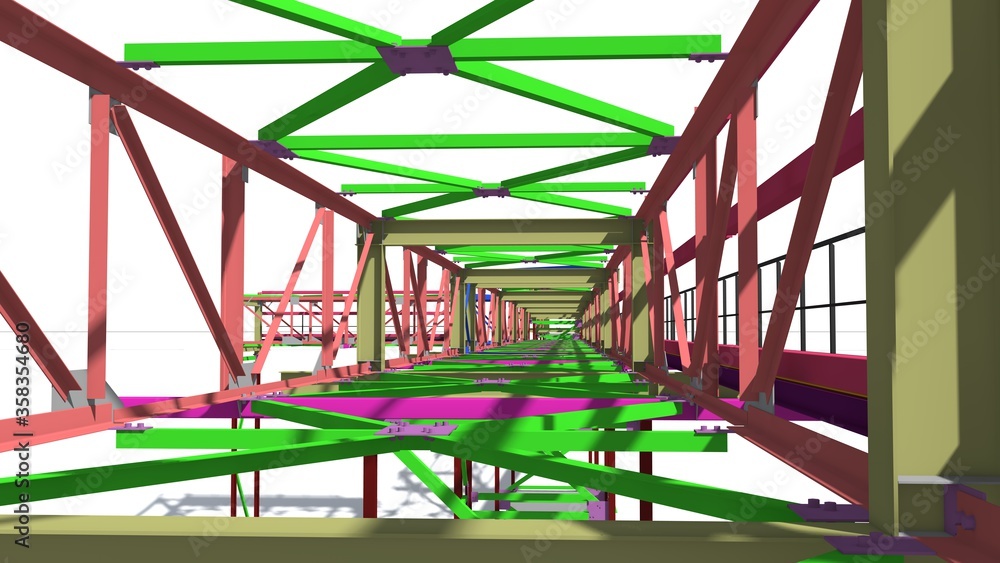BIM model structure of a steel overpass for laying industrial electrical networks of power plants and factories. 3D rendering.