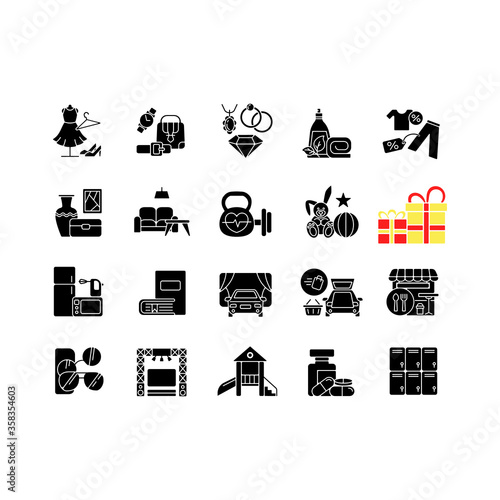 Shopping mall categories black glyph icons set on white space. Online store products. Bookstore, toys shop. Fashion boutique. Drive in cinema. Silhouette symbols. Vector isolated illustration