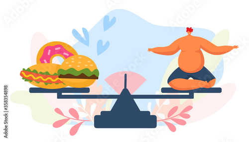 Fastfood and fat man on scale, vector illustration. Unhealthy overweight peron character, big adult man eat cartoon humburger, donut and hot dog. Junk lifestyle, obesity problem concept.
