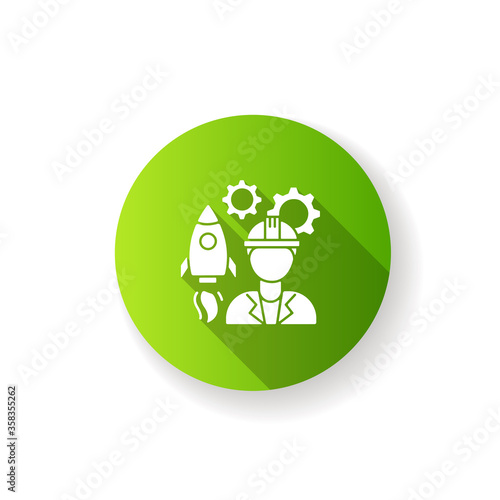 Aerospace engineer green flat design long shadow glyph icon. Male professional to work on spaceship. Technician for innovative technology development. Silhouette RGB color illustration