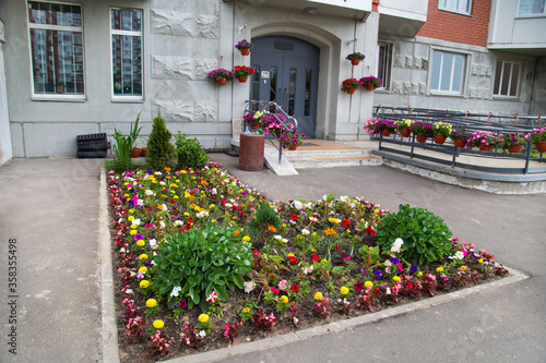 Flowerbed and planters of bright flowers of various plants in front of the entrance of a residential building. Agriculture Landscaping landscaping of cities.