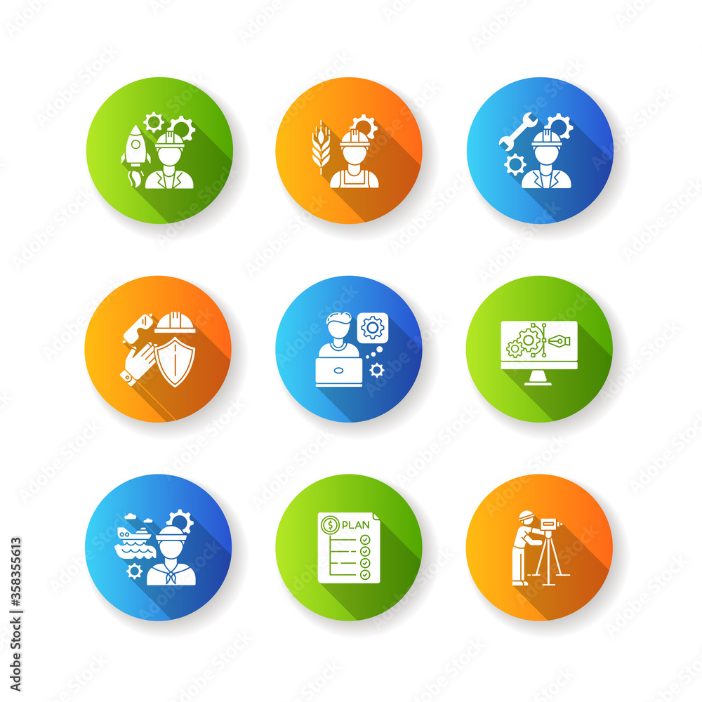 Industrial production worker flat design long shadow glyph icons set. Civil engineering. Expenditure plan. Manufacturing worker. Technical maintenance specialist. Silhouette RGB color illustration