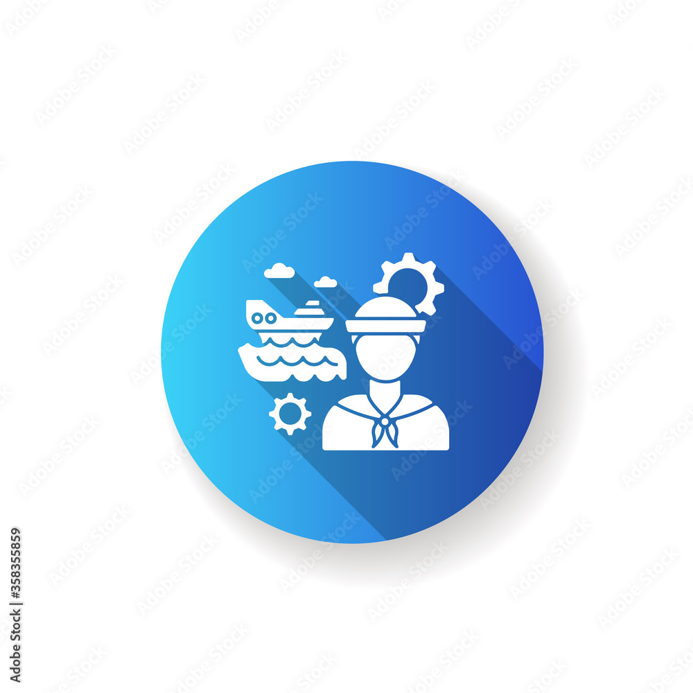 Marine engineer blue flat design long shadow glyph icon. Nautical production. Professional sailor for steering system maintenance. Job on ocean vessel. Silhouette RGB color illustration Marine engineer blue flat design long shadow glyph icon. Nautical production. Professional sailor for steering system maintenance. Job on ocean vessel. Silhouette RGB color illustration