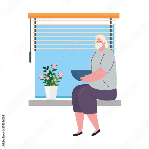 old woman wearing medical mask against covid 19 sitting in window, stay at home concept vector illustration design