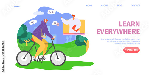 Education online, learn everywhere, vector illustration. Audio lesson in internet school, knowledge about language for student character. Listen course in headphones during bicycle ride.