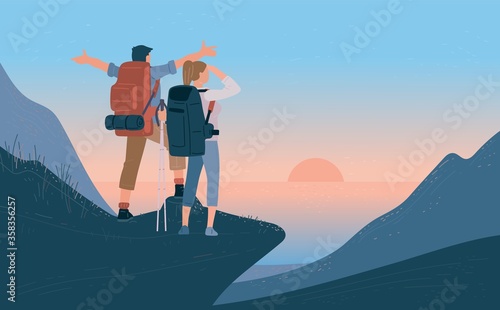 Travelers man and woman with backpack standing of mountain and looking sunrise over the sea. Concept of hiking, adventure tourism travel and discovery. Explorer flat vector illustration.