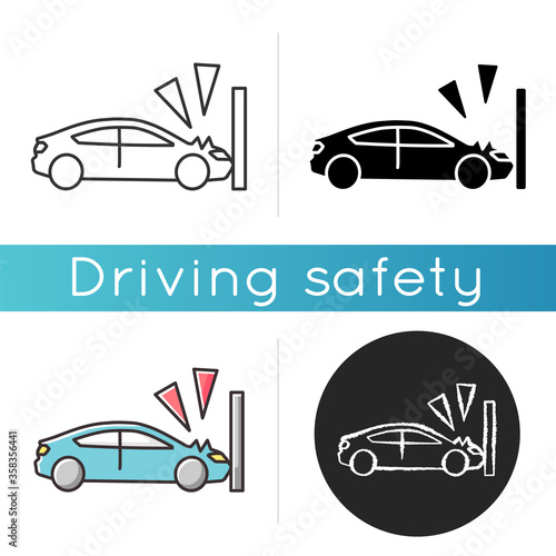 Crash test icon. Traffic accident, car wreck, life insurance. Linear black and RGB color. Vehicle protective systems check. Automobile hitting wall isolated vector illustrations