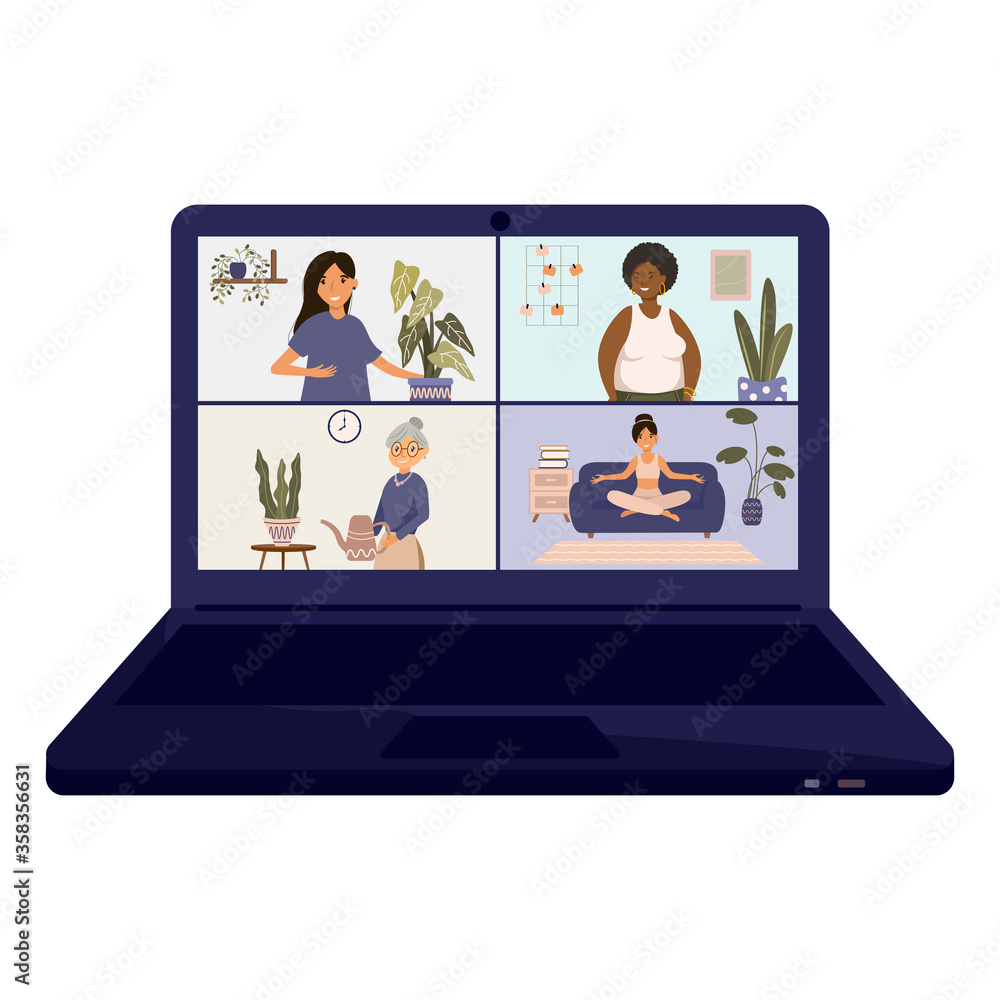 Video Conference Call. Web communication icon. Group of People Talking on Computer Laptop Screen Web Camera. Online courses, digital and distance online teaching and learning concept. Video Conference Call. Web communication icon. Group of People Talking on Computer Laptop Screen Web Camera. Online courses, digital and distance online teaching and learning concept.
