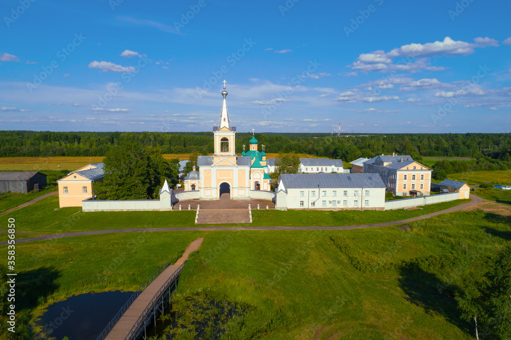 View of the Vvedeno-Oyatsky Convent on a sunny July day (aerial photography). Oyat, Russia