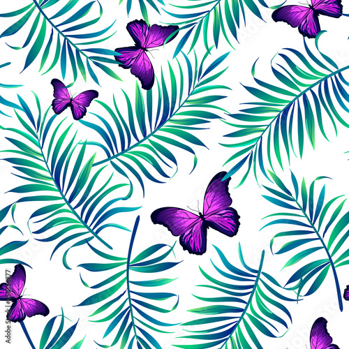 Tropical vector seamless background with palm leaves and flowers. Vintage textile print .