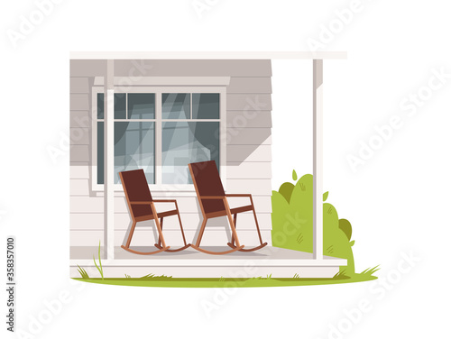 Patio with two armchairs semi flat RGB color vector illustration. Comfort porch of village house. Chair on villa in countryside. Outside farmhouse isolated cartoon object on white background