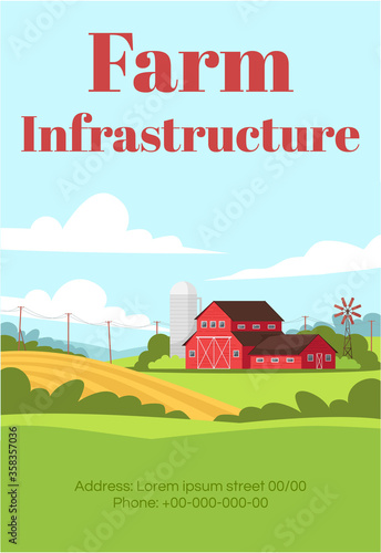 Farm infrastructure poster template. Local production on ranch. Commercial flyer design with semi flat illustration. Vector cartoon promo card. Rural lifestyle advertising invitation