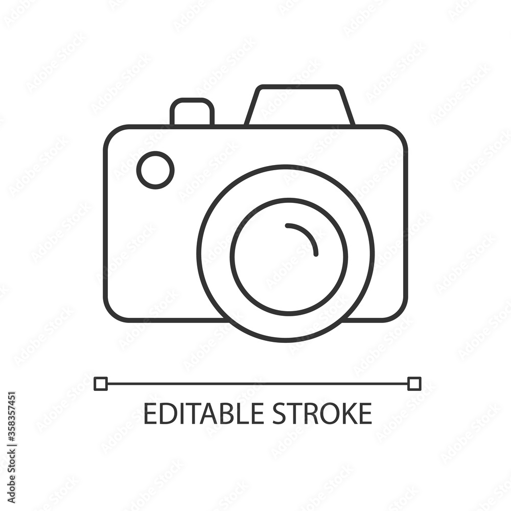 Camera pixel perfect linear icon. Freelance photographer. Take picture. Photography device. Thin line customizable illustration. Contour symbol. Vector isolated outline drawing. Editable stroke Camera pixel perfect linear icon. Freelance photographer. Take picture. Photography device. Thin line customizable illustration. Contour symbol. Vector isolated outline drawing. Editable stroke