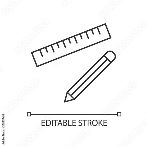 Pen and ruler pixel perfect linear icon. Stationary for school. Writing tool for geometry class. Thin line customizable illustration. Contour symbol. Vector isolated outline drawing. Editable stroke