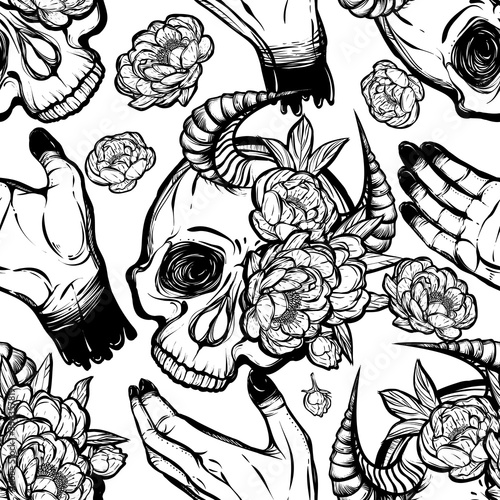 Vector illustration. skull with horns in hands  peonies flowers  mysticism. Handmade  prints on T-shirts  seamless pattern  light background