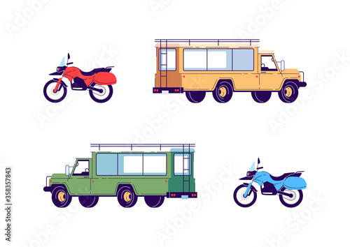 Transportation for tour semi flat RGB color vector illustration set. Motorcycle for extreme sport. Truck for safari travel. Vehicles isolated cartoon objects on white background collection