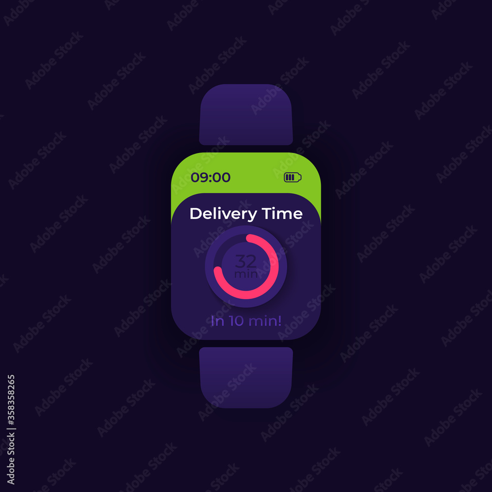 Order tracker smartwatch interface vector template. Mobile app notification night mode design. Remaining time reminder message screen. Flat UI for application. Timer on smart watch display Order tracker smartwatch interface vector template. Mobile app notification night mode design. Remaining time reminder message screen. Flat UI for application. Timer on smart watch display