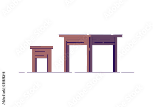 Wooden dining furniture semi flat RGB color vector illustration. Poor rural interior items. Wood rustic desk and stool. Classic medieval table and chair isolated cartoon object on white background