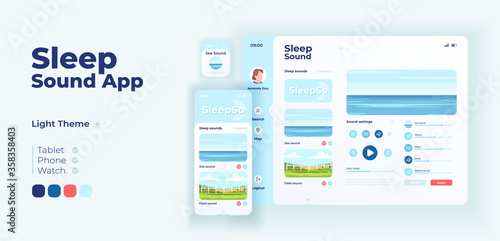 Sleep sound app screen vector adaptive design template. Calming music and relaxing sounds application light mode interface with flat illustrations. Smartphone, tablet, smart watch cartoon UI