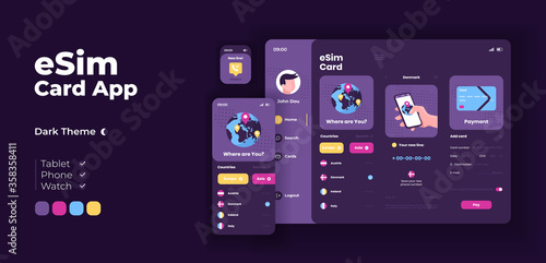 Esim card app screen vector adaptive design template. Telecommunication application night mode interface with flat characters. Wireless connection. Smartphone, tablet, smart watch cartoon UI