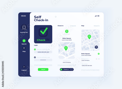 Self check in tablet interface vector template. Mobile app page light mode design layout. User account menu screen. Flat UI for application. Maps with locations marks on portable device display