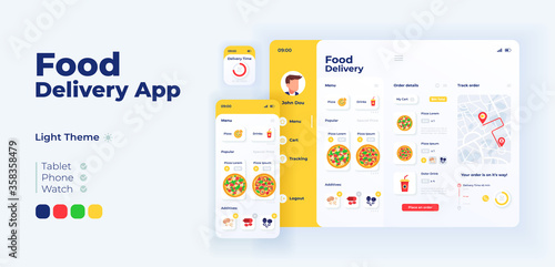 Fast food delivery app screen vector adaptive design template. Italian pizza ordering application light mode interface with flat illustrations. Smartphone, tablet, smart watch cartoon UI