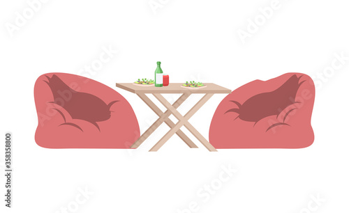 Summer food court semi flat RGB color vector illustration. Desk with snacks and drinks. Outdoor lounge zone. Food festival. Bag chairs with table isolated cartoon object on white background