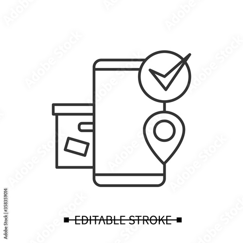 Order pickup icon. Smartphone with box, location point and check line pictogram. Concept of safe self pick up service online order and post. Editable stroke vector illustration for retail