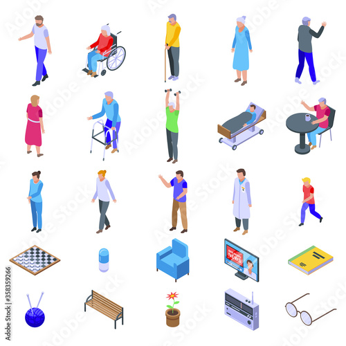 Nursing home icons set. Isometric set of nursing home vector icons for web design isolated on white background