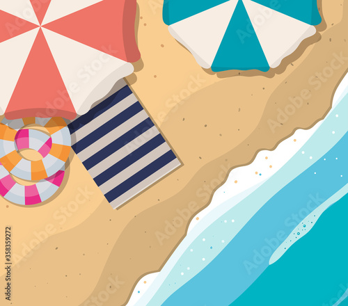 beach with umbrellas floats and towel top view design, Summer vacation and tropical theme Vector illustration
