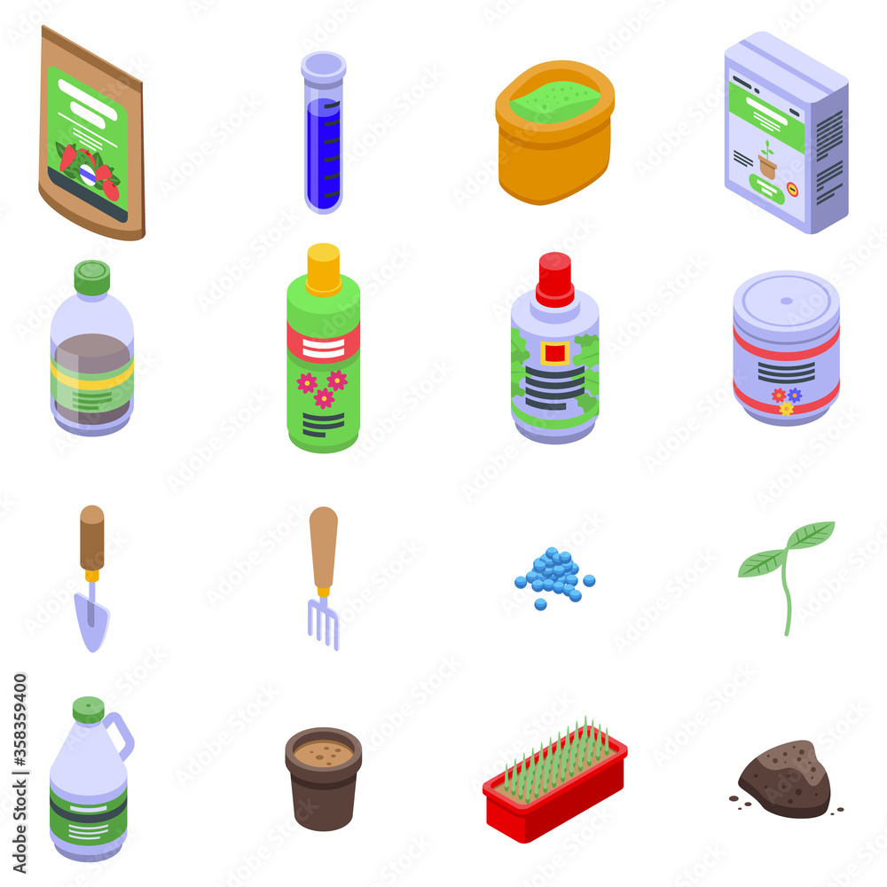 Fertilizer icons set. Isometric set of fertilizer vector icons for web design isolated on white background