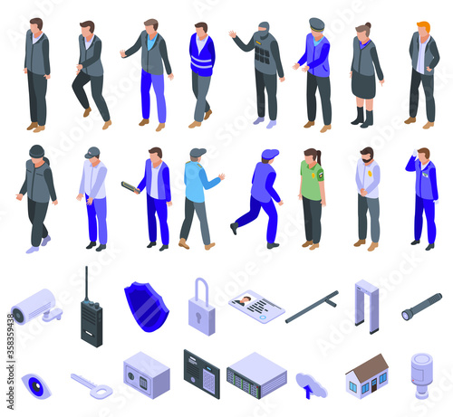 Security service icons set. Isometric set of security service vector icons for web design isolated on white background