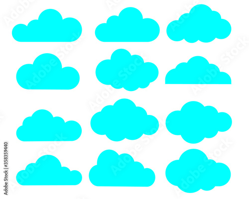 Clouds vector set. Different cloud shapes in blue and white flat background.